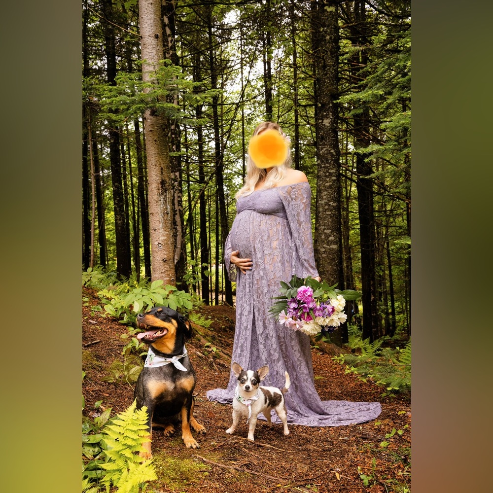 Maternity photoshoot long lace panels dress with train mauve lilac color size XS